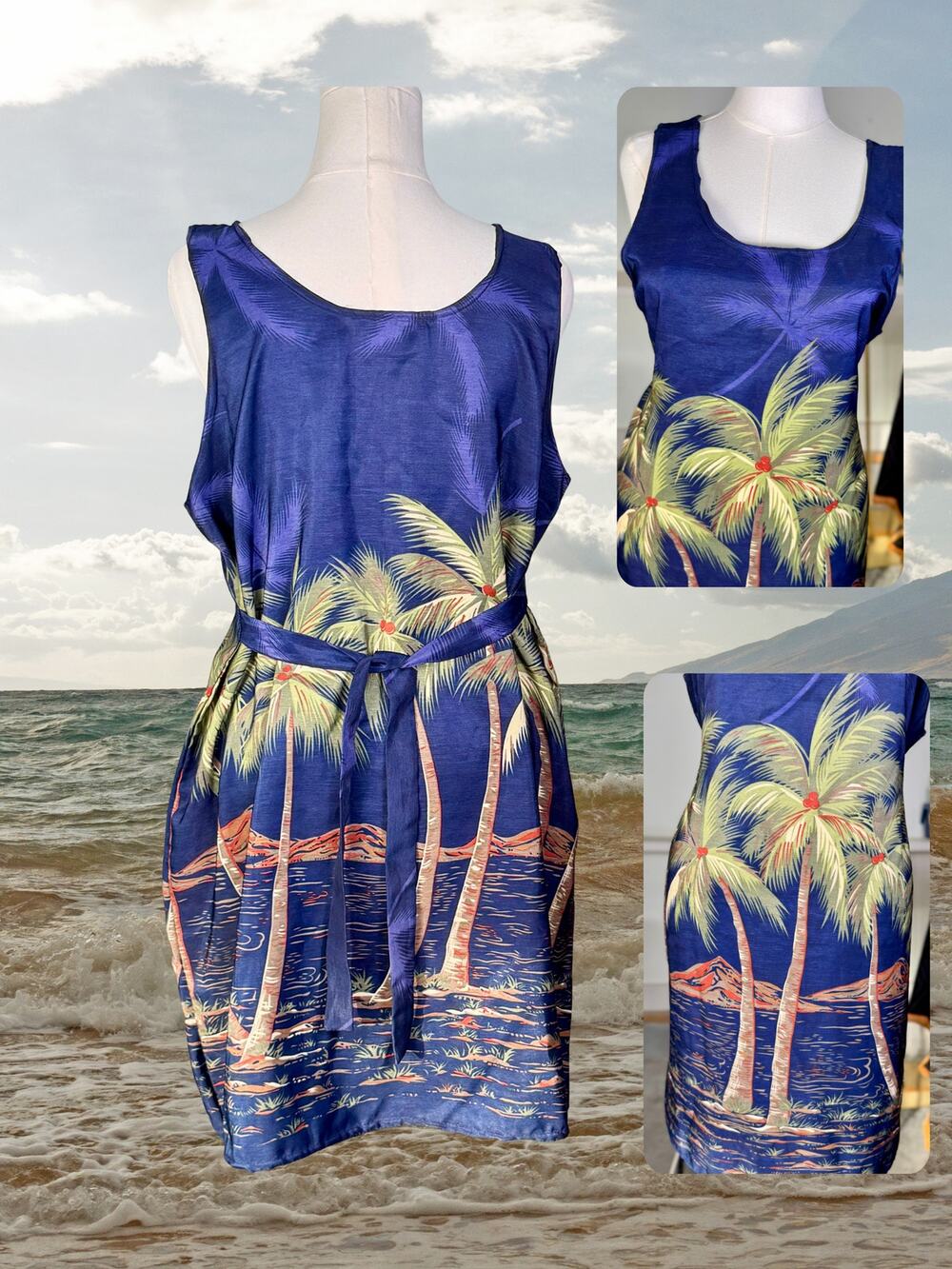 Vintage 80s Looking Good Tank Scoop Neck Hawaiian Palms A-Line Swing Dress XL